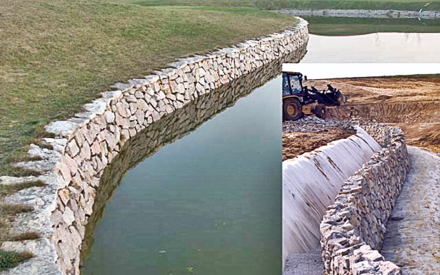Pola golfowe - budowa pola golfowego - kamienny mur oporowy jeziora (zbiornika wody retencyjnej)